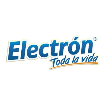 Logotipo comercial de Electrón con el texto Toda la vida en tonos azul y amarillo.