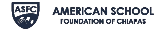 Logotipo en color azul marino de American School Foundation of Chiapas con el escudo ASFC.