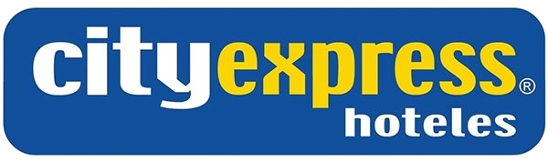 Logotipo de City Express Hoteles con texto amarillo y blanco dentro de un rectángulo azul.