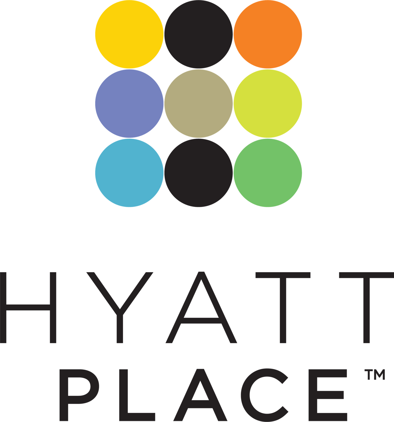 Logotipo oficial de Hyatt Place con retícula de nueve círculos de colores.