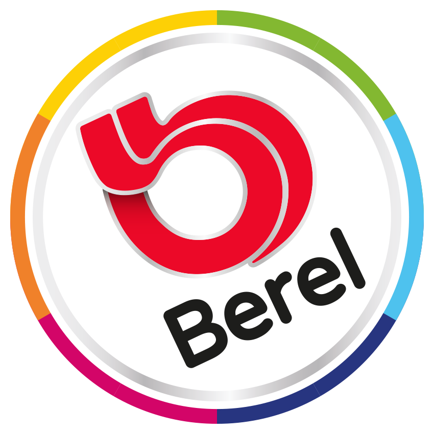 Logotipo en círculo multicolor de la marca Berel con el símbolo B rojo.