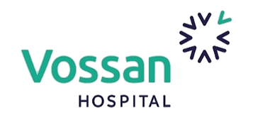 Logotipo de Vossan Hospital en tipografía verde y azul oscuro junto a un símbolo circular de líneas.