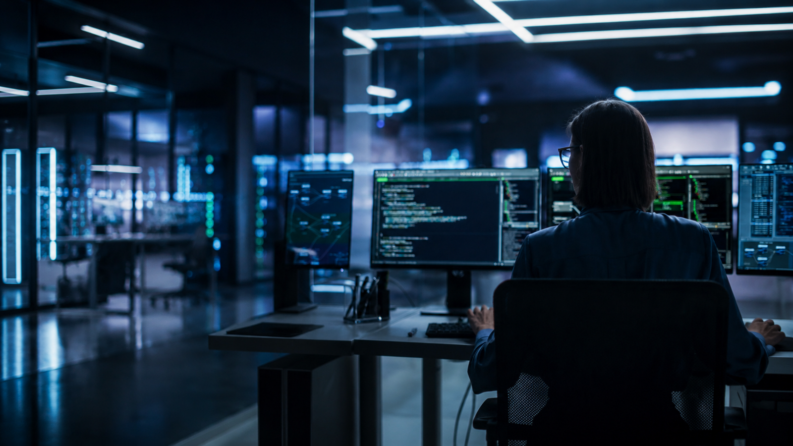 Especialista monitoreando redes y sistemas de ciberseguridad desde una estación de trabajo