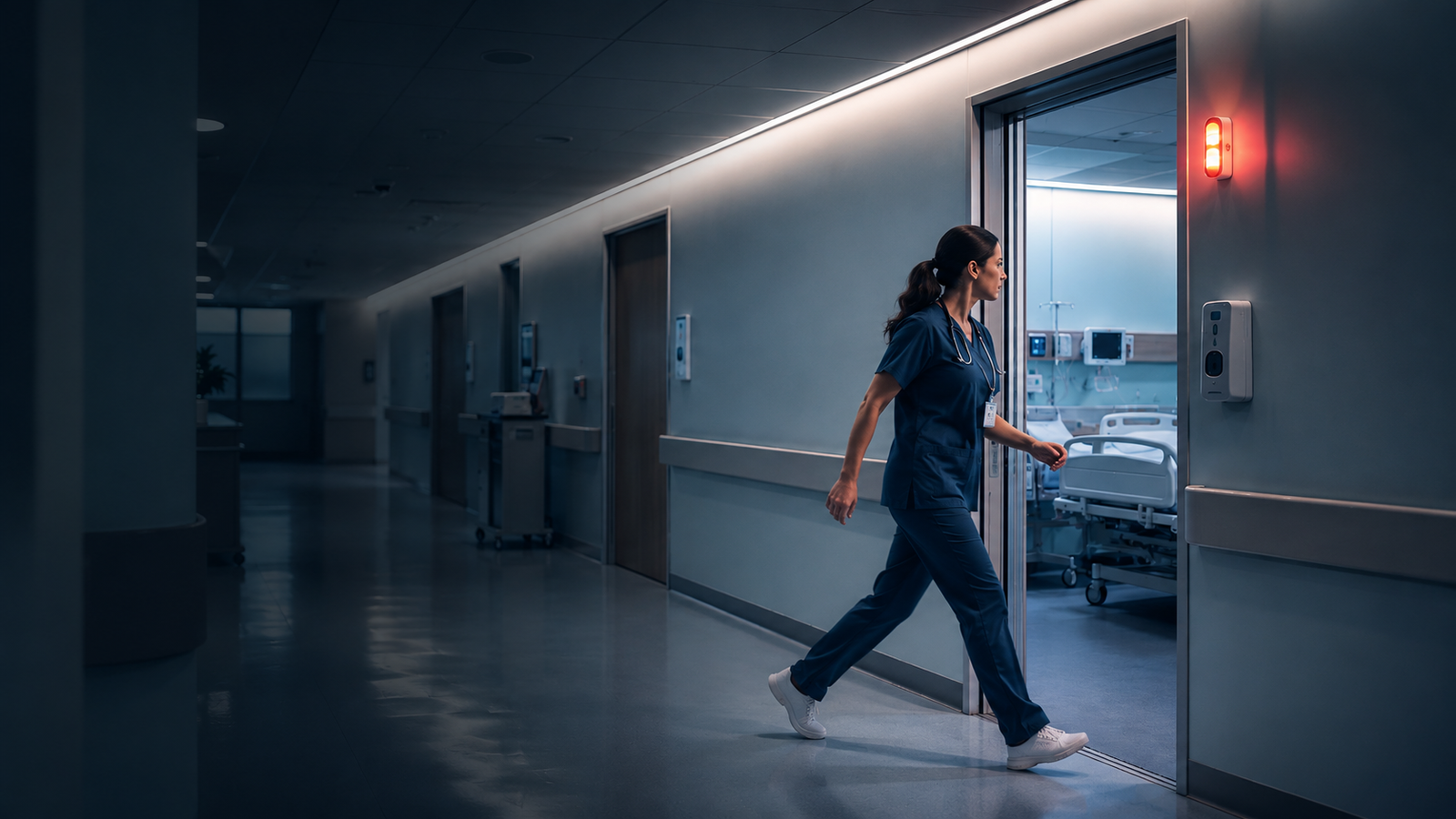 Enfermera atendiendo una señal luminosa de un sistema paciente-enfermero en un hospital