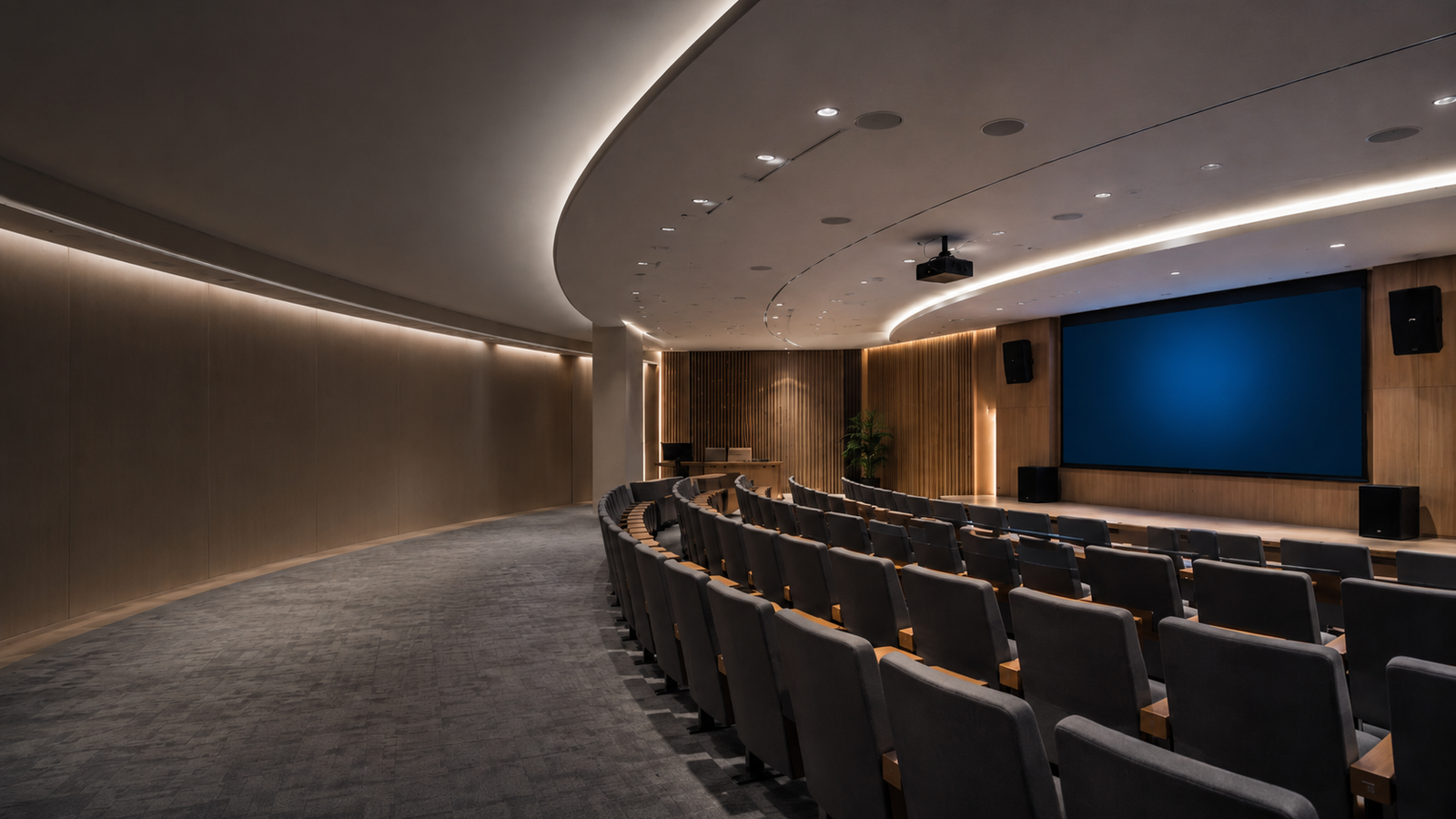 Auditorio profesional equipado con sistemas integrados de audio, video y proyección