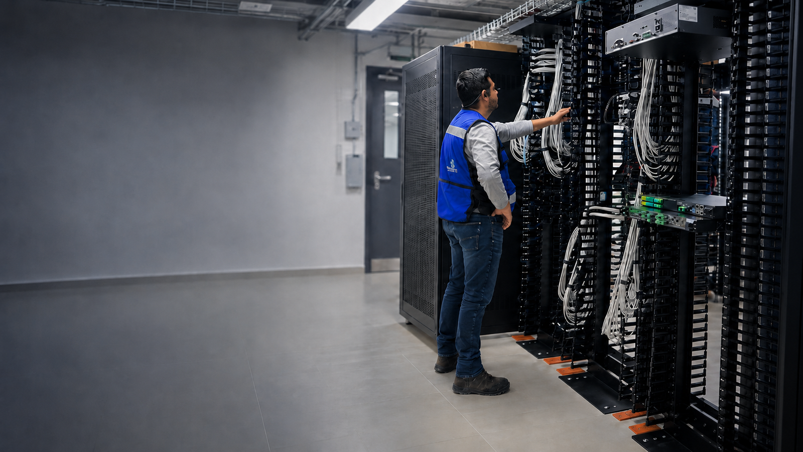 Técnico de SOLIDEM revisando infraestructura de telecomunicaciones en un centro de datos