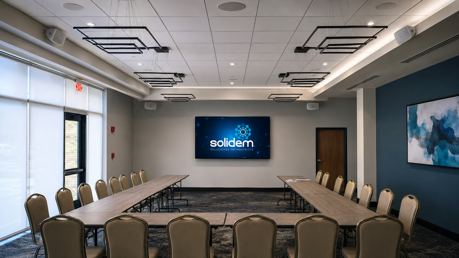 Sala corporativa con sistemas profesionales de audio y video integrados