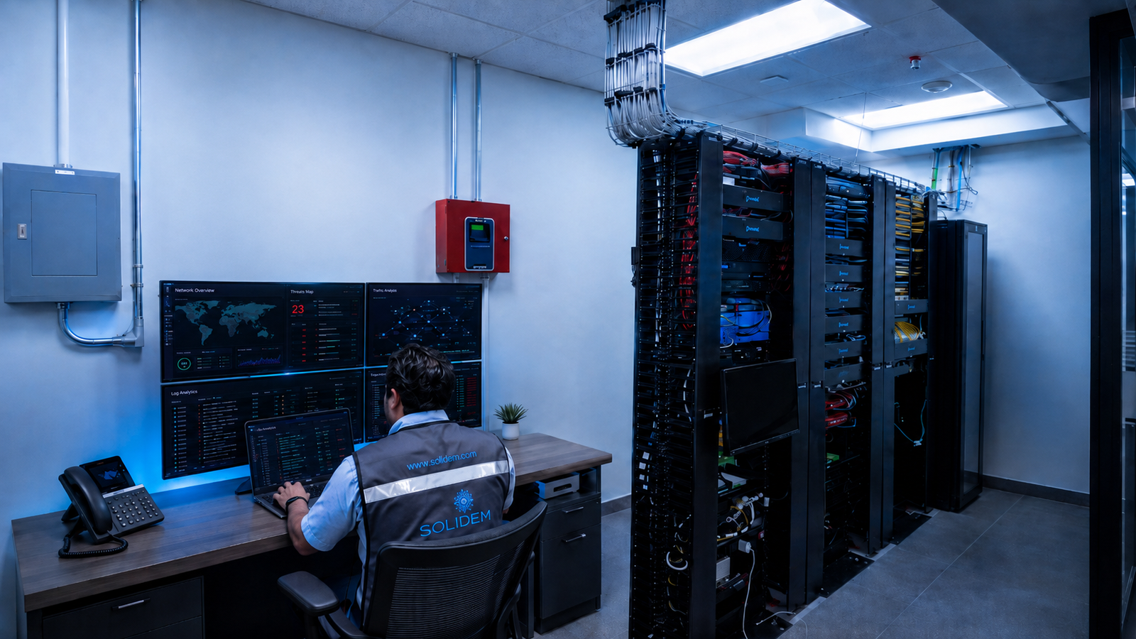 Especialistas supervisando la seguridad de una infraestructura tecnológica empresarial